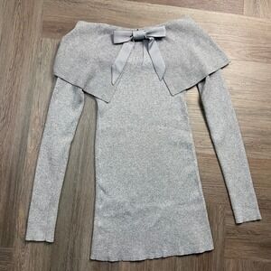 White House Black Market Metallic Off Shoulder Bow Ribbed Sweater XS Sllver